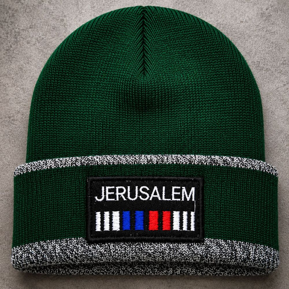 Jerusalem Israel Beanie Green Knit Cuffed Winter Hat Souvenir Hebrew One Size